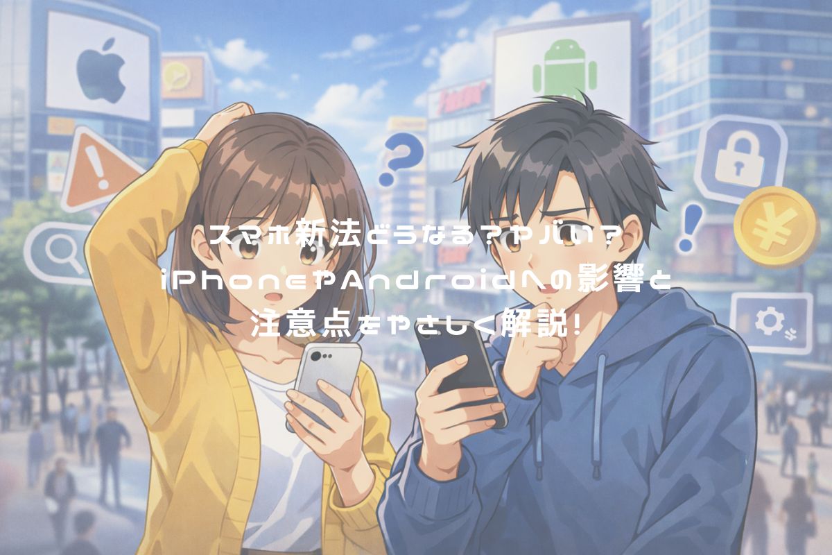 スマホ新法どうなる？ヤバい？iPhoneやAndroidへの影響と注意点をやさしく解説！ アイキャッチ
